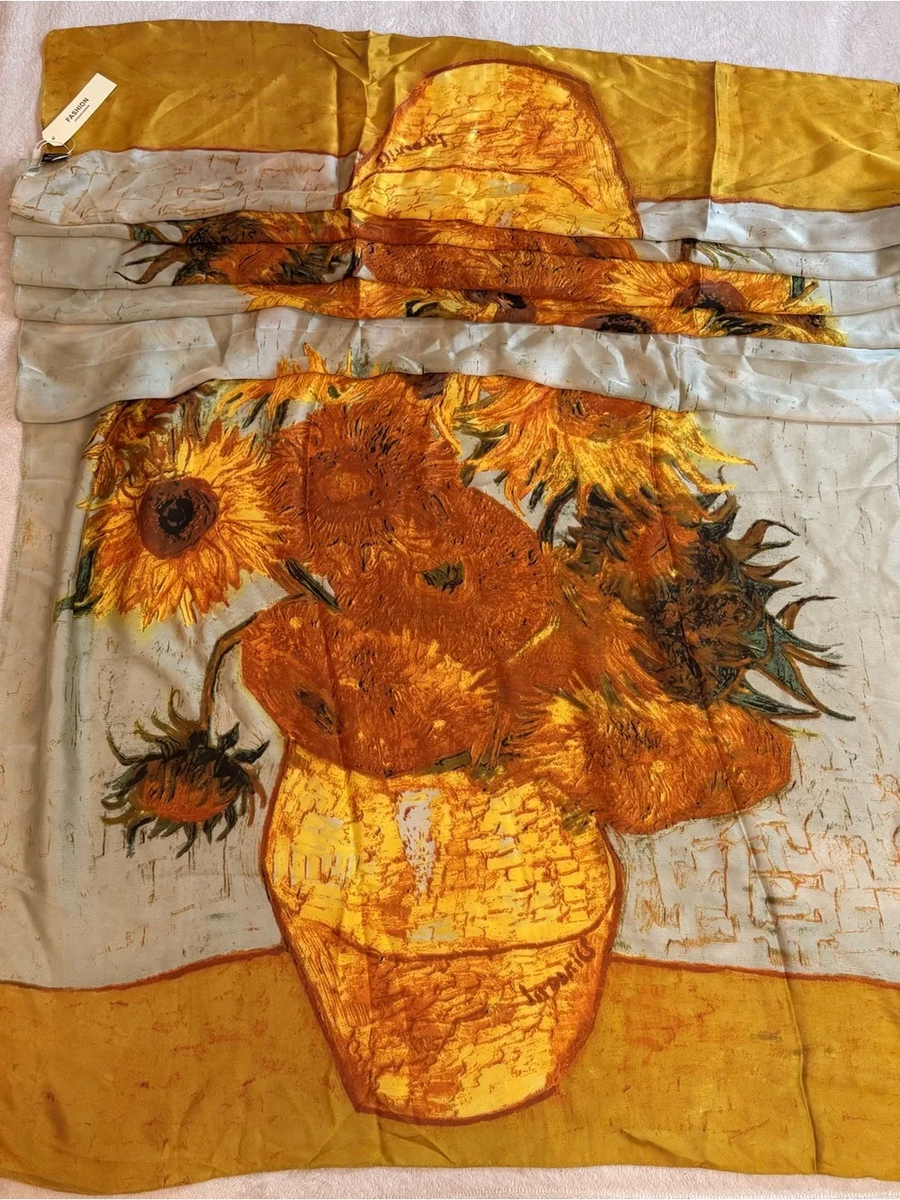 Van Gogh Sunflower Print Silk Scarf Oversized NWT 34 x 74
